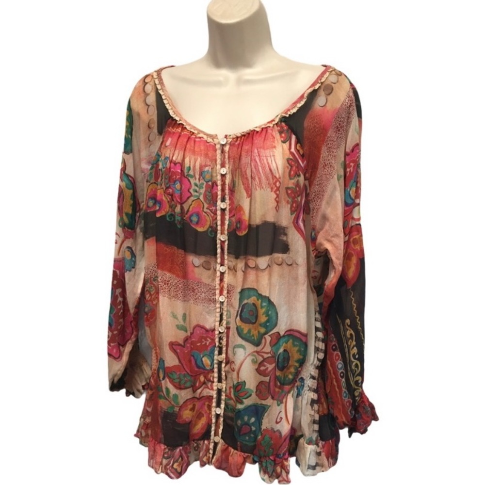 Galliano Silk Peasant Blouse Top Floral